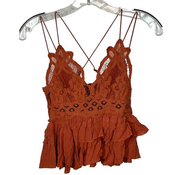 Free People Adella Cami NWT Winding Roads Rust Crochet Lace Peplum Ruffle XS - Picture 5 of 16